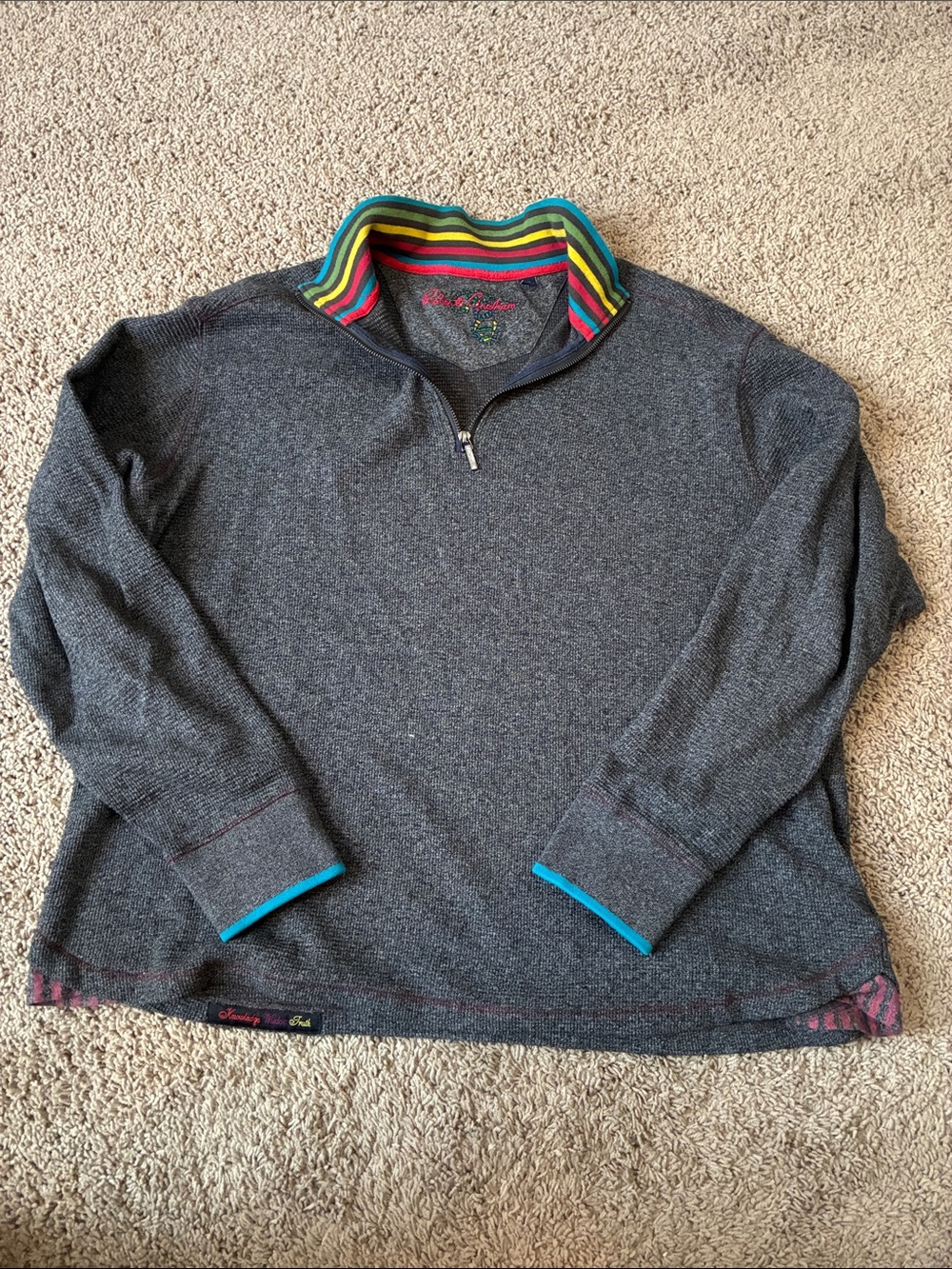 Robert Graham Charcoal Gray Quarter-Zip Sweater with Multicolor Stripe Collar